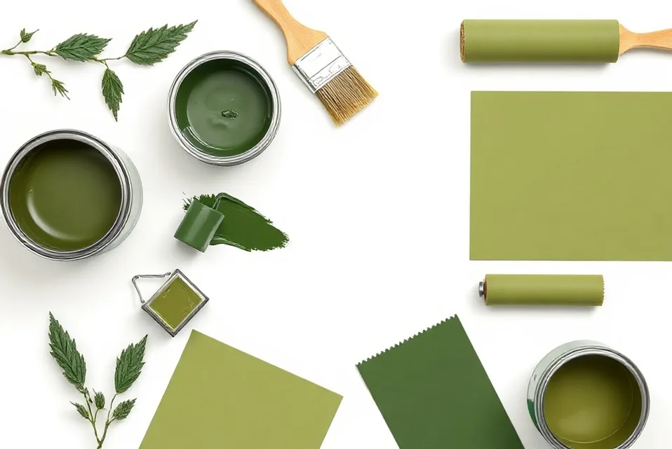 Pots de peinture, nuancier, brosses et rouleaux disposés à plat