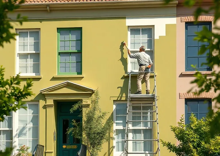 Peintre sur échafaudage traitant la façade d'une maison